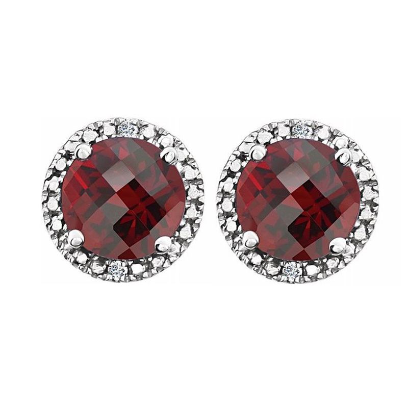 Sterling Silver, Garnet & .01 Ctw Diamond 8mm Halo Style Earrings